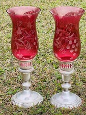 Lovely Pair Of Silver Candle Sticks. Cranberry To Clear Glass Hurricane Shades picture