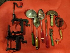 Vintage Red & Green Wooden Handled Kitchen Utensils & Apple Peelers (Lot Of 10) picture