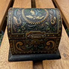 Vintage-Style Handpainted Wood Trinket Box, Barrel Lid w/Latch Fabric Interior picture