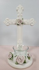 Vintage Teleflora Bisque Ceramic Cross with 3-D Roses Votive Tea Candle Holder picture