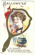 Atq Halloween Postcard Woman in Mirror Series 248 D Witch Cauldron Cat Unposted picture