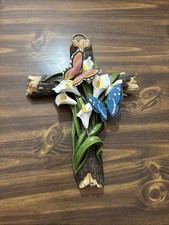 Unbranded~Wall Cross 2 Butterflies And Lilly’s Resin White Flowers 3D Effect picture
