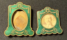 Antique Miniature Victorian Green Gold Enamel Picture Frame Lot Of 2 picture
