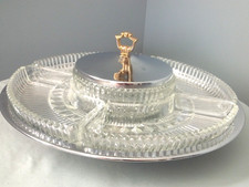 KROMEX REVOLVING LAZY SUSAN 7 PC CHROME W/GLASS INSERTS COVERED CENTER DISH picture