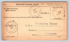 1895 Plymouth Union Vermont Registered Package Receipt Postal History Card picture