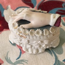 Antique Victorian Porcelain Hand Trinket Box Ring Holder Applied Flowers Fairing picture