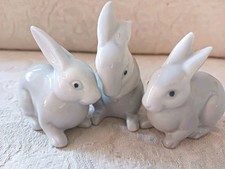 Rare Set 3 Vintage Otagiri Rabbits Bunny Figurine OMC Light Gray Porcelain Japan picture