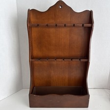 Vintage Wood Souvenir Spoon Rack 12 Slot Wall Mount Display w/ Bottom Tray picture
