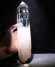 Large Clear Quartz Tower Blue Needle Inclusion Crystal w/ Wood Stand 11