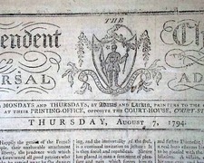 Nice 18TH CENTURY American Boston w / Nice Masthead Engraving 1794 Newspaper picture
