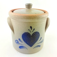 Vintage Rockdale Union Stoneware Salt Glazed Heart Canister Pot w/ Lid & Handles picture