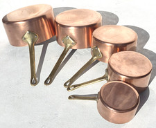 Vintage French Copper Saucepan Pan Set of 5 Bronze Handles Aluminium Lining picture