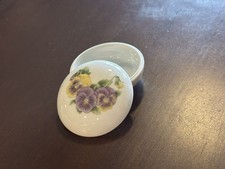 Porcelain Pansy Flower Trinket Box Round Purple Yellow Floral Made in China picture