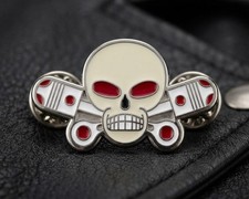 Skull with Pistons Enamel Metal Pin Biker Motorcycle Jacket Vest Lapel Badge picture