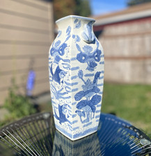 Vintage Chinese Blue & White Porcelain Vase Koi Fish Frog Lily Pond Motif picture