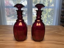 Set of 2 Ruby Red Faceted Heavy Glass Decorative Bottles with Stoppers picture