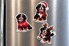 3 Christmas Bernese Mountain Dog Fridge Magnets Puppy Holiday Refrigerator Decor picture