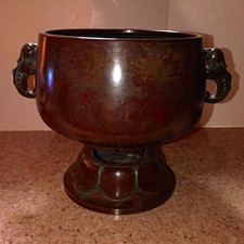 Chinese Large Bronze Bowl/Censer with Seahorse Side Handles on Pedestal Base picture