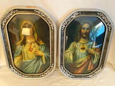 Vtg Sacred Heart of Jesus Immaculate Mary Convex Bubble Glass Frame Pair 1930s picture