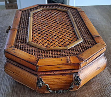 Vintage Octagonal Bamboo Rattan Trinket Box Tabletop Storage Chest Chinoiserie picture