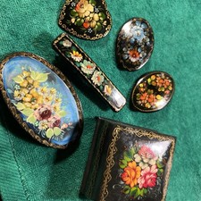 Vtg Russian Artisan Brooch Hair Piece Trinket Box Handpainted Signed  Lot 6 Pc picture
