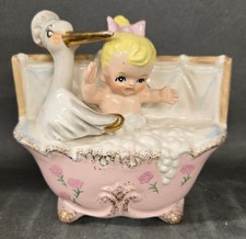 Vintage Relpo 4002 Nursery Planter Stork Blonde Baby Girl Pink Bubble Bath Japan picture