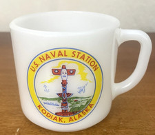 VTG US Naval Station Kodiak Alaska Federal Heat Proof Milk Glass Coffee Mug USA picture