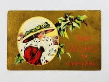 1910s Antique Christmas Postcard Lady Holly Best Wishes Merry Xmas Embossed picture