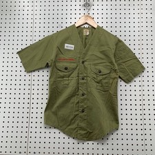 Vintage Boys Scout Of America Button Shirt Boy Medium 50s Olive Green Collarless picture