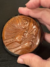 Vintage hand-carved Wood Make Up compact pocket mirror, Japan Mid century picture