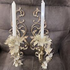 Pair VTG Homco Syroco Gold Floral Wall Candle Sconces 4531 MCM Hollywood Regency picture