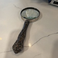 Vintage Ornate Repousse Handle Magnifying Glass Heavy Desk Loupe Silver Tone picture