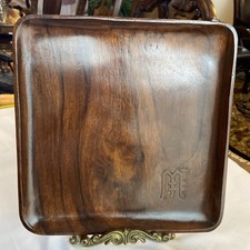 Square Solid Walnut Serving Tray Monogrammed W/ Gothic Letter 12” Historical? picture