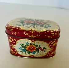 Metal trinket box made in England floral and gilt decor hinged lid rounded edges picture