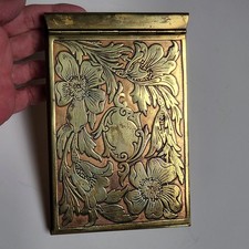 Antique Art Nouveau Brass Notepad Paper Memo Card Holder Floral Poppy Design picture