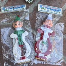 Vintage Christmas Pair Japan Plastic PIXIES Elves Musical Instruments NOS picture