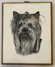 Vtg Earl Sherwan Yorkie Dog Portrait Wall Art MCM Wood Cameo Plaque 9”x11” Sign picture