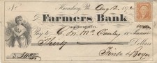 Bank Check 2c Revenue Stamp Farmers Bank Harrisburg PA Woman Vignette 1872 picture