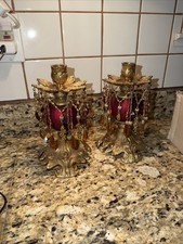 Set of 2 Baroque Ornate Beaded Red Glass Brass Candle Holders Prisms Pair Taper picture