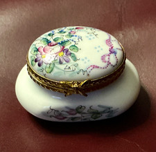 Limoges France DuBarry Floral Porcelain Trinket Box Hinged Lid White 2”x 1.25” picture