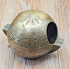 Vintage Brass Spherical Ball Ashtray Floral & Sun Hand-Etched Engraved India picture