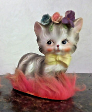 Napcoware MCM Vintage Tabby Kitty Cat Floral Crown Pink Fur Figurine Japan C6901 picture