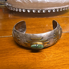 Sterling Silver Turquoise Native American US Signed RJ Cuff Bracelet picture