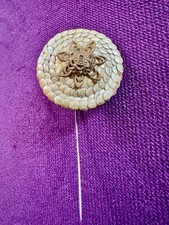 Antique Victorian Fish Scale Hatpin Filigree Brass Flower Stickpin Novelty Art  picture