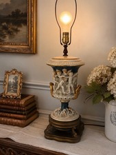 VTG Capodimonte (Italy) Table Lamp—Ornate, Tall Vase, High-Relief Cupids & Fauns picture
