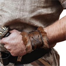 Viking Fur Wrist Guard Ren Faire Leather Armor Bracer Cuff picture