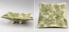 Green & Cream Leaf Impression Studio Pottery Platter Handmade Ceramic Signed picture