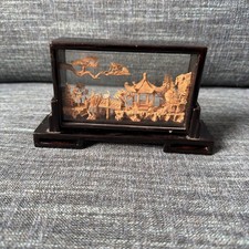  Vintage Hand-Carved Chinese Cork Diorama With Pagoda, Storks. Wood & Glass Case picture