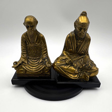 Vtg Mid-Century Brass Asian Figurine Set Seated Samurai & Scholar Wooden Base picture