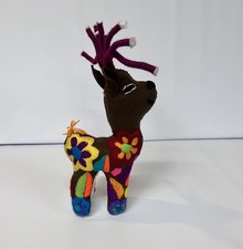 Folk Art Reindeer Plush Floral Embroidered Crewel Handmade Mexican Chiapas  picture